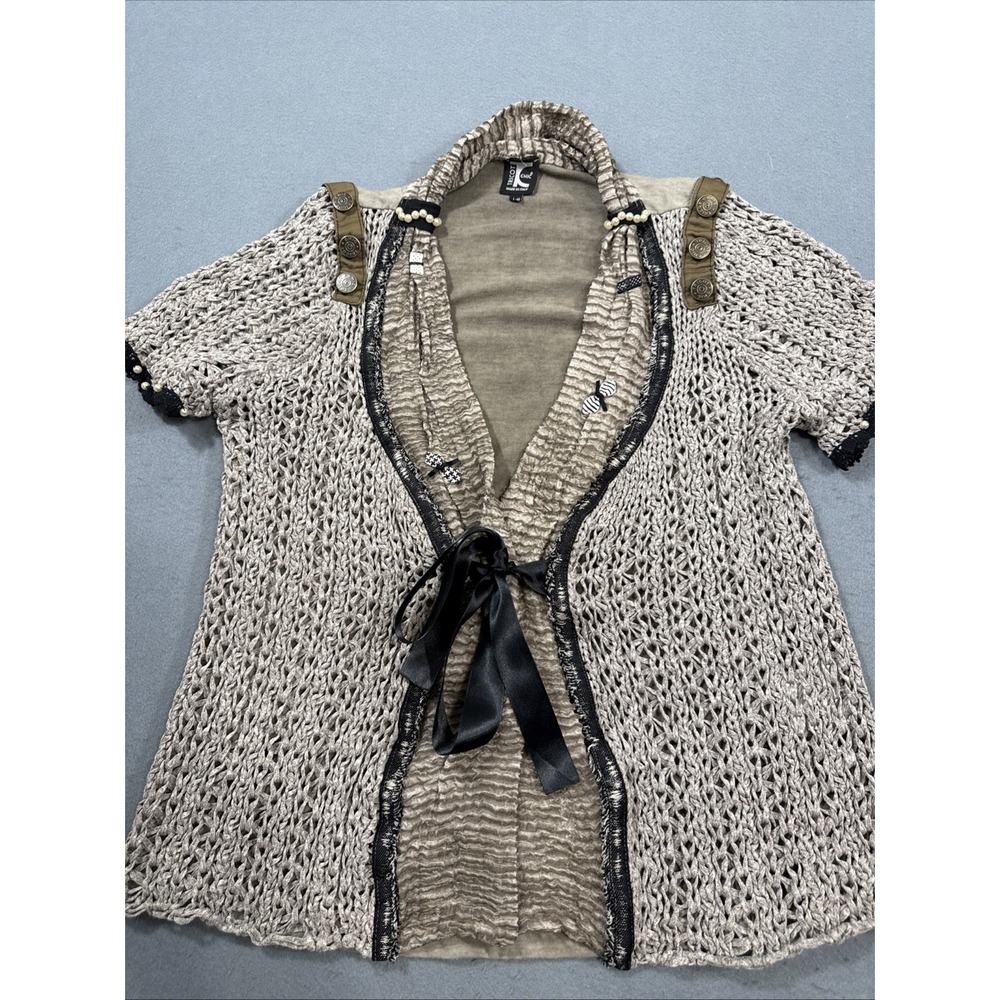 SWEATER CARDIGAN WOMENS MEDIUM ITALY BUTTON UP BLACK TIE  SHIRT S/S SNAPS PEARLS
